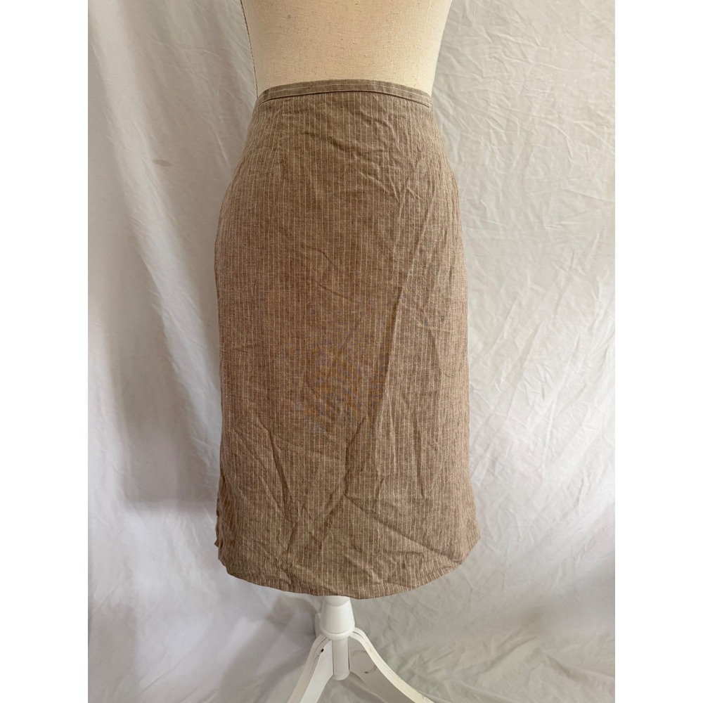 Calvin Klein Pencil Skirt Womens Tan Pinstripe Linen Blend Knee Length 14